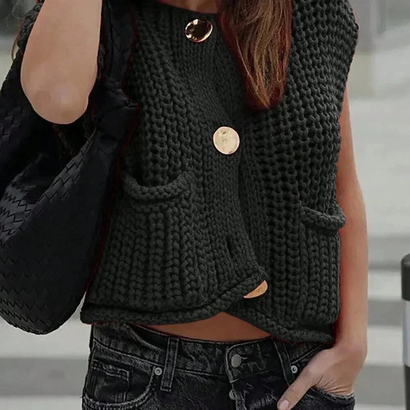 Black Casual Women's Loose Knit Vest With Double Pockets - Picture 4 of 5